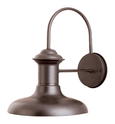 Maxim Lighting Wharf 1-Light Outdoor Wall Lantern in Empire Bronze finish, crafted from Aluminum, mounted on a brick wall, illuminating the area.