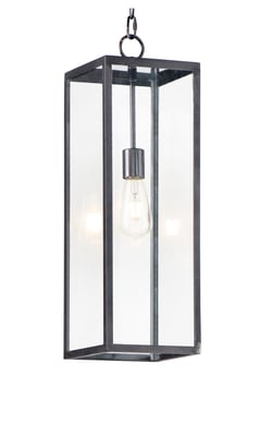 Maxim Lighting Catalina 1-Light Outdoor Hanging Lantern with a black finish, featuring a clear glass shade and classic design, hanging on a porch.