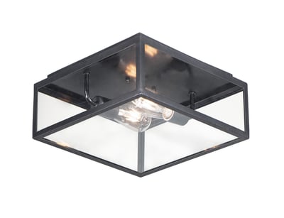 Maxim Lighting Catalina 2-Light Outdoor Ceiling Mount with a sleek black finish and clear glass panels, illuminating a porch or patio.