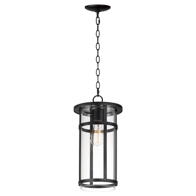 Maxim Lighting Clyde VX 1-Light Outdoor Pendant in black finish, featuring a clear glass shade with a classic lantern design, hanging from a chain.
