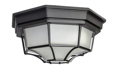 Maxim Lighting Crown Hill LED 1-Light Outdoor Ceiling Mount, black finish, clear glass panels, classic lantern style, illuminating a porch area.