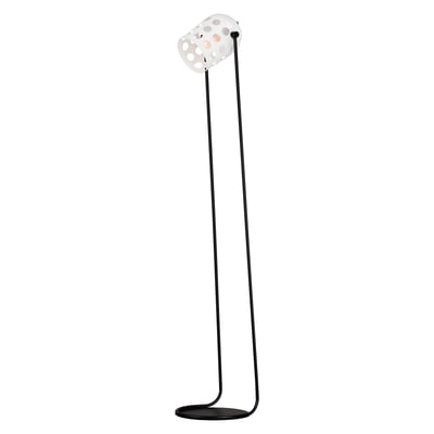 Maxim Lighting Dottie Floor Lamp with a sleek metal finish, featuring a modern design and adjustable height, illuminating a cozy living room corner.