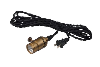 Maxim Lighting Early Electric Plug-in Pendant with a vintage design, clear glass shade, and black finish, hanging from a black cord.