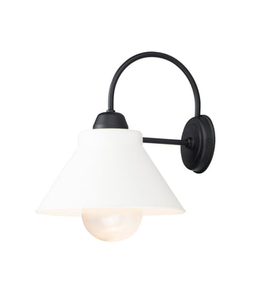 Maxim Lighting Jetty Outdoor Wall Sconce with a sleek, modern design, featuring a black finish and clear glass, illuminating an exterior wall.