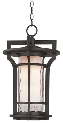Maxim Lighting Oakville Outdoor Pendant with a rustic finish, featuring a classic lantern design and clear glass panels, hanging from a chain.