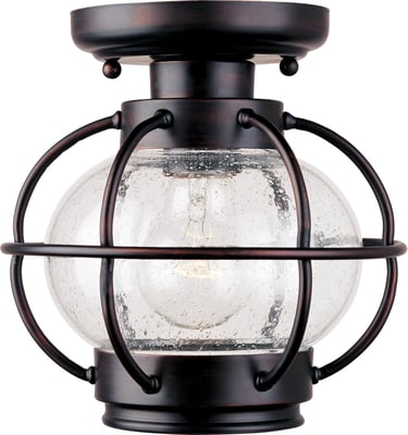 Maxim Lighting Portsmouth Outdoor Ceiling Light with a rustic bronze finish, featuring a classic lantern design and clear glass panels.
