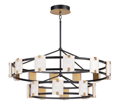 Maxim Lighting Radiant Two-Tier Chandelier with a sleek metallic finish, featuring elegant curves and multiple lights for a luxurious ambiance.