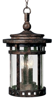 Maxim Lighting Santa Barbara DC Outdoor Pendant, featuring a classic design with a bronze finish and clear glass panels, hanging from a chain.