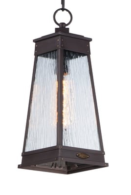 Maxim Lighting Schooner Outdoor Pendant with a black finish, featuring a clear glass shade and a nautical design, hangs elegantly for outdoor illumination.