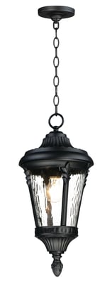 Maxim Lighting Sentry Outdoor Pendant with a sleek black finish, featuring a clear glass shade and modern design, hanging elegantly in an outdoor setting.