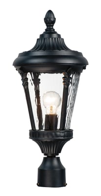 Maxim Lighting Sentry Outdoor Post Mount with a black finish, featuring a classic lantern design with clear glass panels and decorative accents.