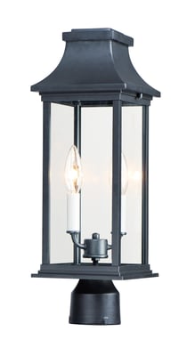 Maxim Lighting Vicksburg 2-Light Outdoor Post Mount with a black finish, featuring two lantern-style lights on a decorative post.