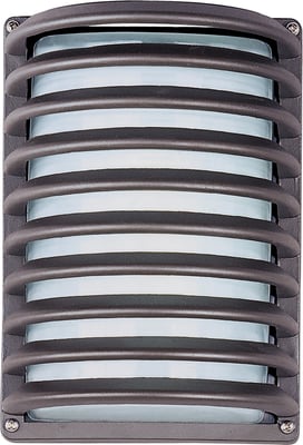 Maxim Lighting Zenith Outdoor Grate Wall Light with a sleek finish, featuring a modern design and geometric pattern, mounted on a textured exterior wall.