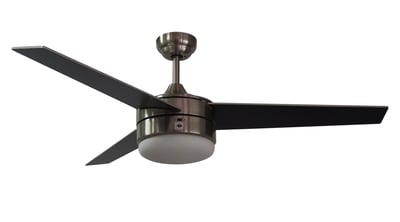 Maxim Lighting Trio LED Ceiling Fan in Satin Nickel with Black finish, featuring a sleek design with three blades and integrated LED light.