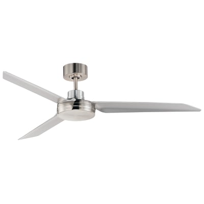 Maxim Lighting Ultra Slim Outdoor Fan with Satin Nickel finish, featuring sleek metal blades and ABS construction, mounted on a patio ceiling.