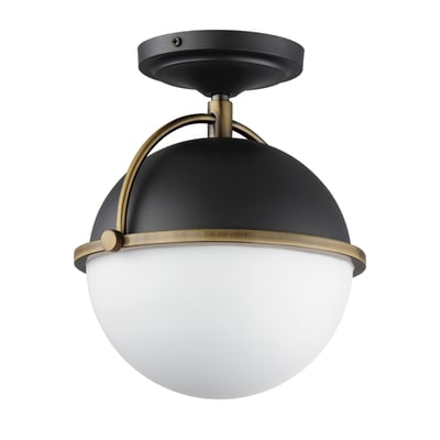 Maxim Lighting Duke Semi-Flush Mount in Black with Weathered Brass finish, featuring a steel frame and glass shade, elegantly illuminates the space.