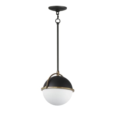 Maxim Lighting Duke Pendant featuring a Black with Weathered Brass finish, crafted from Steel and Glass, elegantly hanging in a modern interior setting.
