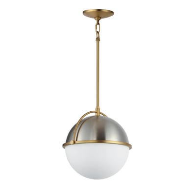 Maxim Lighting Duke Pendant in Satin Nickel with Satin Brass finish, featuring a sleek steel frame and glass shade, elegantly hanging from the ceiling.