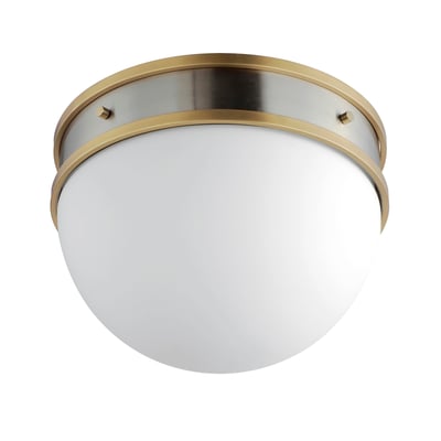 Maxim Lighting Duke Flush Mount in Satin Nickel with Satin Brass finish, featuring a sleek steel frame and a frosted glass shade.