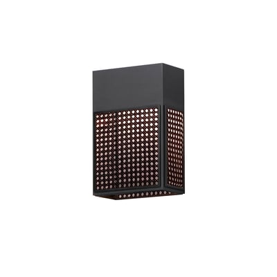 Maxim Lighting Lattice Outdoor Sconce in Black finish, featuring a geometric Aluminum frame with Synthetic Rattan accents, illuminating a modern outdoor space.