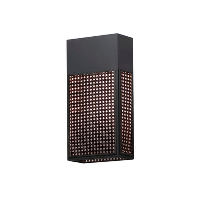 Maxim Lighting Lattice Outdoor Sconce with a Black Aluminum frame and Synthetic Rattan design, mounted on a wall, illuminating a garden pathway.