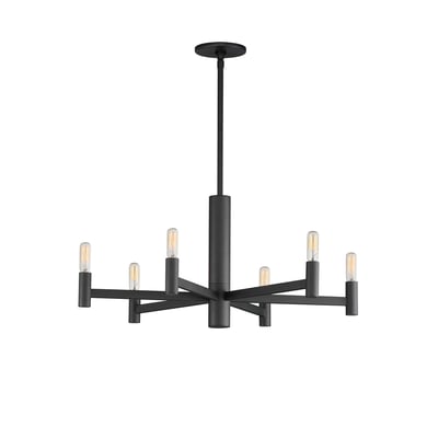Maxim Lighting Emana Chandelier with a sleek black finish, featuring a modern design of steel and glass elements, elegantly suspended for a stylish ambiance.