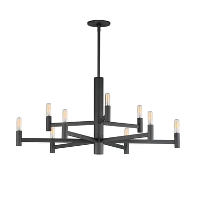 Maxim Lighting Emana Chandelier featuring a sleek black steel frame with elegant glass accents, showcasing a modern and sophisticated design.