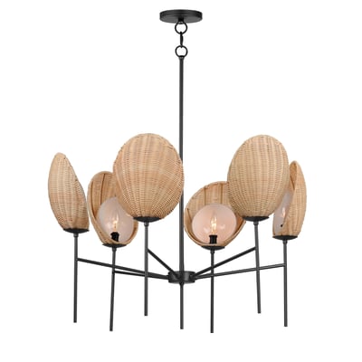 Maxim Lighting Maldives Chandelier featuring a sleek Black steel frame with woven Rattan accents and elegant Glass shades.