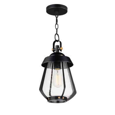 Maxim Lighting Mariner Outdoor Pendant in Black with Antique Brass finish, aluminum construction, hanging from a porch ceiling, illuminating the area.