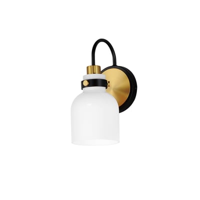 Maxim Lighting Milk Wall Sconce in Satin Brass finish, featuring a sleek Steel frame with a smooth Glass shade, elegantly mounted on a wall.