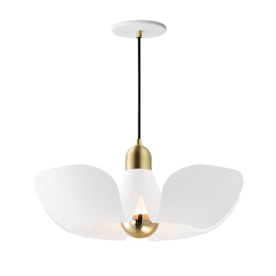 Maxim Lighting Poppy Pendant in Aluminum with a White and Satin Brass finish, featuring a modern, elegant design hanging from a ceiling.