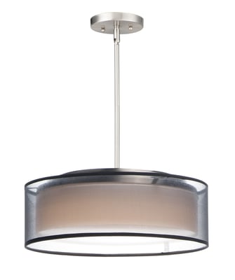 Maxim Lighting Prime Pendant in Satin Nickel finish, featuring a sleek steel frame with acrylic and fabric accents, elegantly hanging from the ceiling.