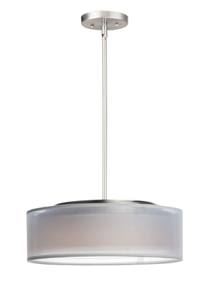 Maxim Lighting Prime Pendant in Satin Nickel finish with a sleek steel frame, featuring acrylic and fabric elements for a modern, elegant look.