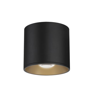 Maxim Lighting Stout Flush Mount Ceiling Light with a sleek black aluminum frame and a frosted glass shade, mounted on a ceiling.