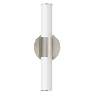 Maxim Lighting Tubo Round Bathroom Vanity Light with a Satin Nickel finish, featuring a sleek PMMA Acrylic and Aluminum design, mounted on a bathroom wall.