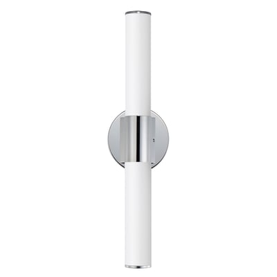 Maxim Lighting Tubo Round Bathroom Vanity Light with PMMA Acrylic and Aluminum in Polished Chrome finish, mounted on a bathroom wall.