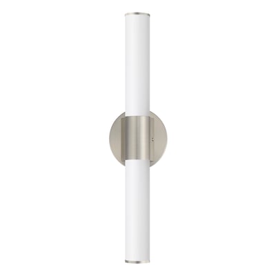 Maxim Lighting Tubo Round Bathroom Vanity Light with a Satin Nickel finish, featuring PMMA Acrylic and Aluminum materials.
