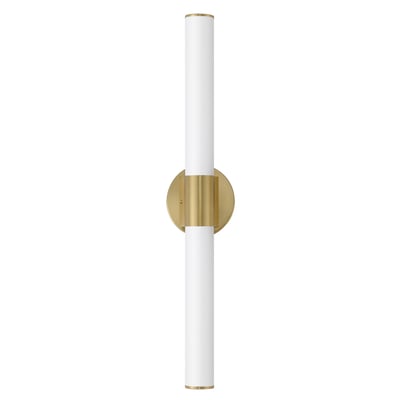 Maxim Lighting Tubo Round Bathroom Vanity Light in Natural Aged Brass finish, featuring PMMA Acrylic and Aluminum materials, mounted on a bathroom wall.