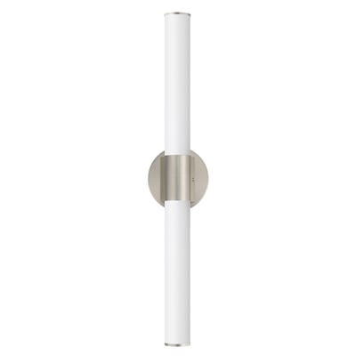 Maxim Lighting Tubo Round Bathroom Vanity Light with Satin Nickel finish, featuring PMMA Acrylic and Aluminum materials, mounted above a bathroom mirror.