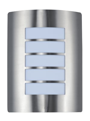Maxim Lighting View Grate Outdoor Wall Sconce in Stainless Steel finish with a Polycarbonate lens, mounted on a brick wall, illuminating the area.
