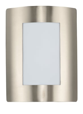 View Outdoor Wall Light by Maxim Lighting in Stainless Steel finish with a sleek, modern design, mounted on a textured wall, emitting a warm glow.