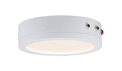 Maxim Lighting Wafer Flush Mount with EM Backup, featuring a sleek white aluminum and polycarbonate design, seamlessly blends into any ceiling.
