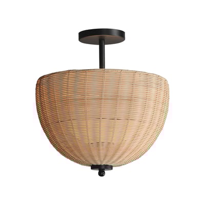 Maxim Lighting Maldives Ceiling Light/Pendant featuring a Black Steel frame with Rattan accents and Glass shade, creating a modern, tropical aesthetic.