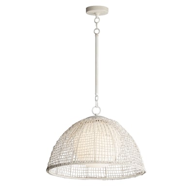 Maxim Lighting Cestino Dome Pendant in Weathered White finish, featuring steel, rattan, and glass materials for a stylish look.