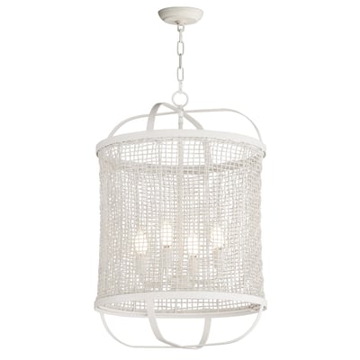 Maxim Lighting Cestino Tall Pendant in Weathered White finish, featuring steel and rattan materials for a stylish look.