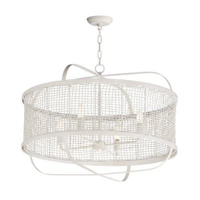 Maxim Lighting Cestino Drum Pendant in Weathered White, featuring a stylish blend of steel and rattan materials.