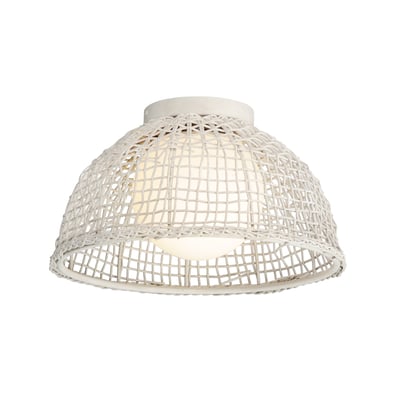 Maxim Lighting Cestino Flush Mount in Weathered White, featuring steel, rattan, and glass for a stylish ceiling design.