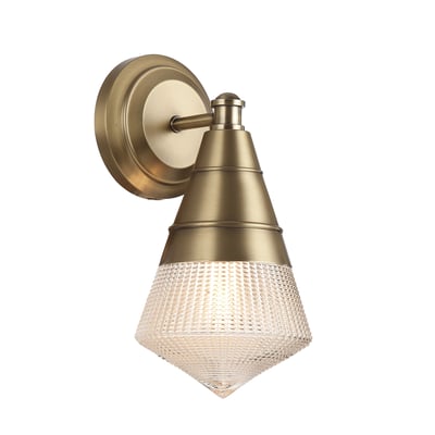Maxim Lighting Hargreaves Wall Sconce in Natural Aged Brass finish, featuring a sleek design with steel and glass elements.