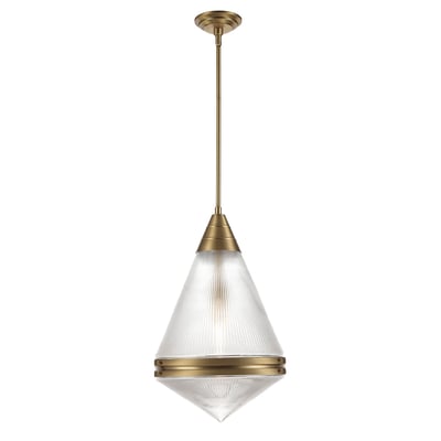 Maxim Lighting Hargreaves Pendant in Natural Aged Brass finish, featuring a sleek steel frame and clear glass shade, hanging elegantly from the ceiling.