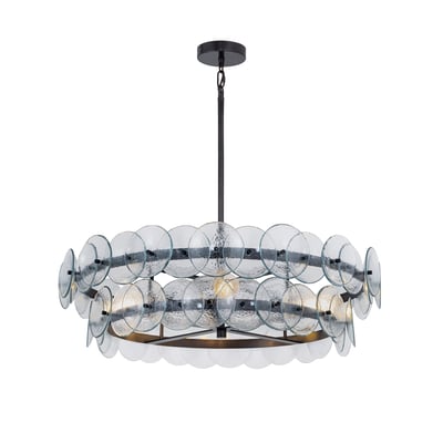 Maxim Lighting Loren Chandelier with a Gunmetal finish, featuring elegant recycled glass shades and a sleek steel frame, hanging in a modern room.